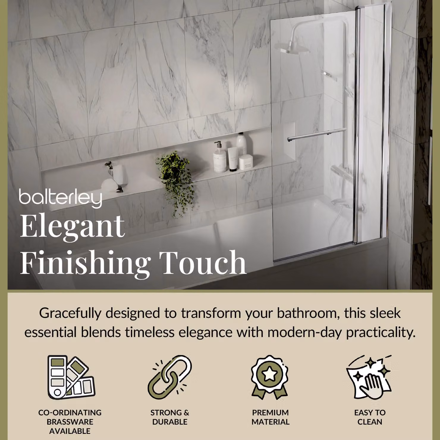 Balterley 6mm Toughened Reversible Bath Screen with Fixed Panel and Rail, Silver and Chrome – 2
