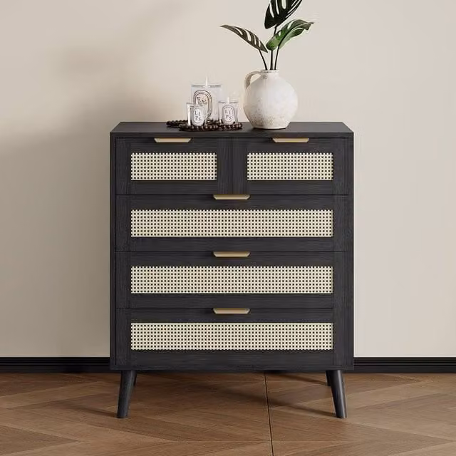 Furniture Maxi Boho Black Rattan Decorated 3+2 Drawer Storage Chest