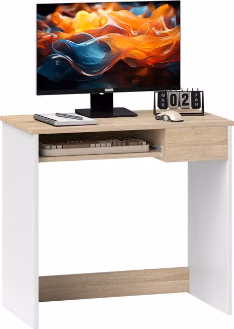 HOMCOM Compact Computer Table with Keyboard Tray and Drawer in Oak Colour – 1