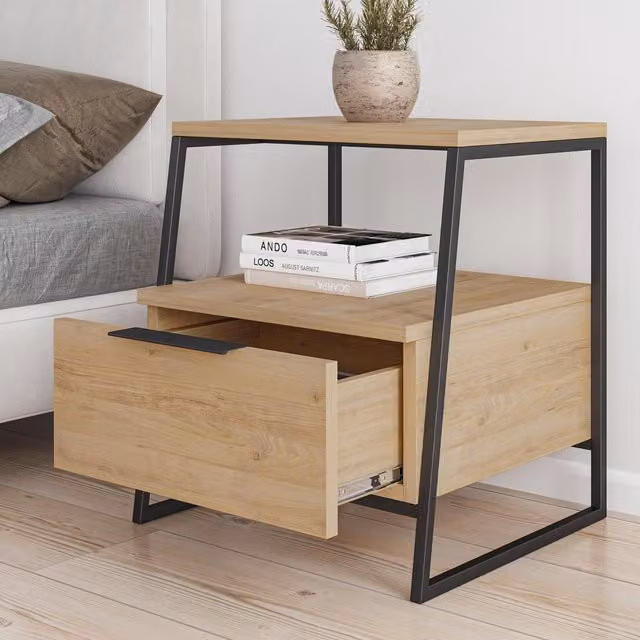 FWStyle Modern 1 Drawer Bedside Table with Black Metal Frame and Natural Oak Finish
