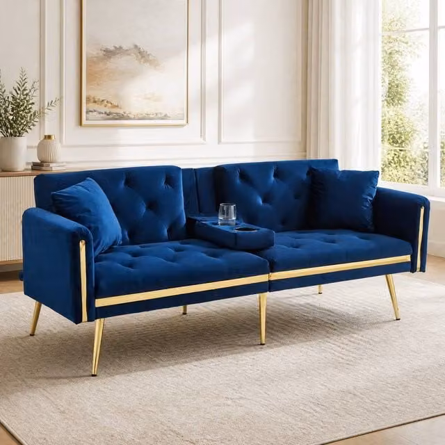 STILVORA Blue Velvet Two-Seater Sofa with Cup Holders and Gold Accents, W/D/H: 174 x 76 x 71.5 cm – 1