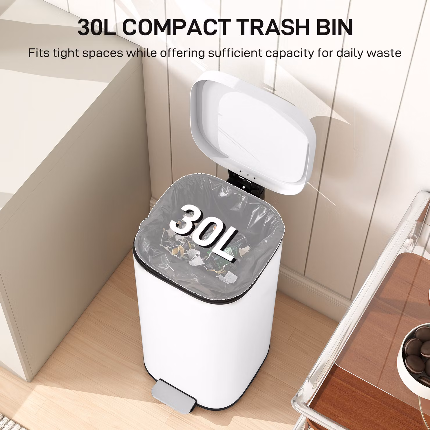 HOMCOM 30L White Kitchen Pedal Bin with Soft-Close Lid and Removable Inner Bucket – 3