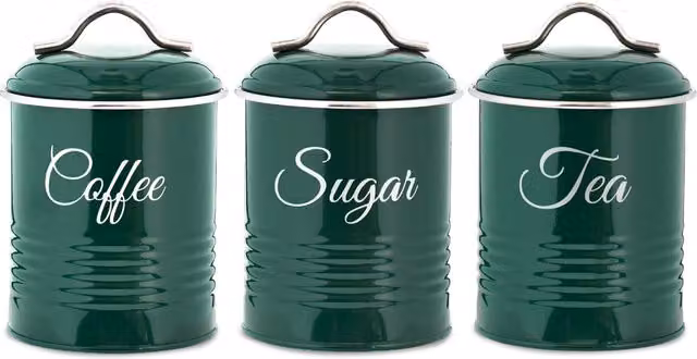 Innoteck 3 Piece Airtight Metal Tea Coffee Sugar Canister Set, Green, 1.3 l per canister