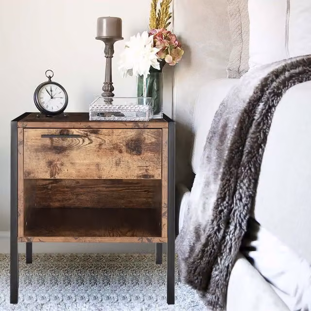 Livingandhome Brown Wood Industrial Bedside Table