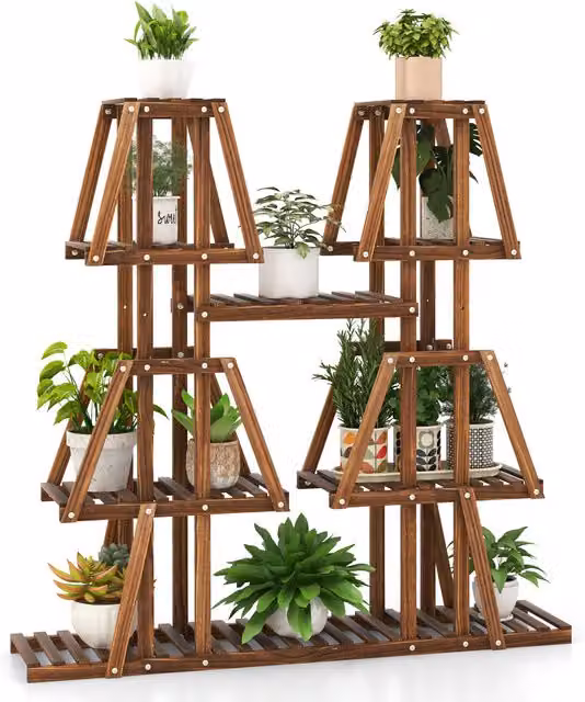 COSTWAY 10 Potted Plant Holder Rack, Brown Rustic Wood, W/D/H: 114 x 27 x 27 cm