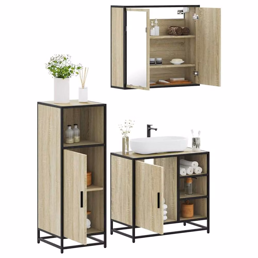 Berkfield Home 3 Piece Industrial Bathroom Furniture Set in Beige with Mirror Cabinet, Vanity Unit and Wall Cabinet – 2