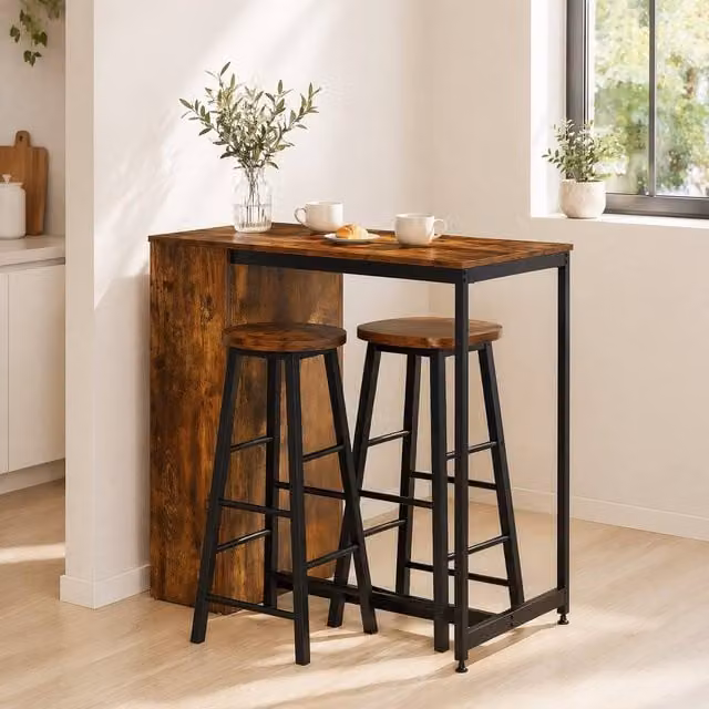 STILVORA Bar Table Set with Storage Shelf in Rustic Brown and Black