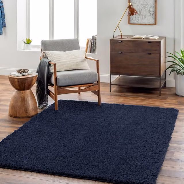 Livabliss Moda Round Shag Plush Pile Rug in Dark Blue, Diameter: 120 cm – 1