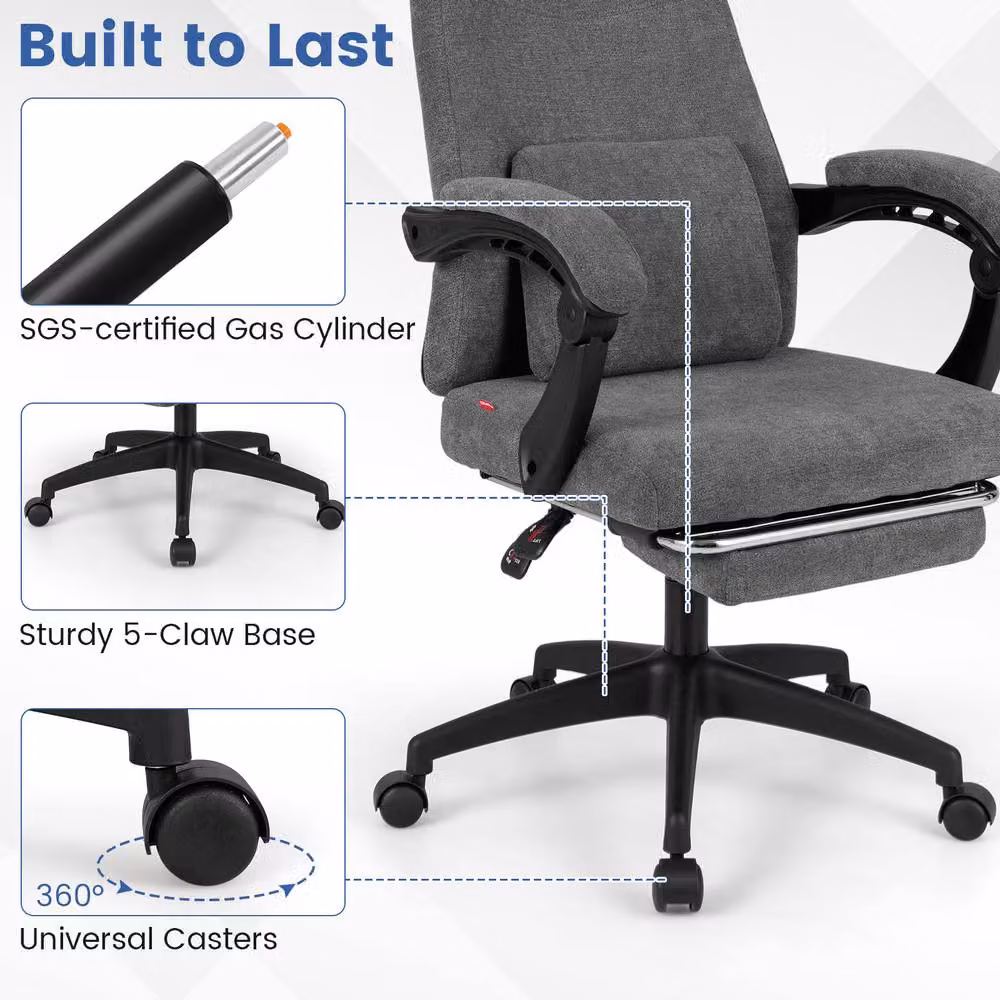 Costway Grey Chenille Fabric Upholstered Reclining Executive Office Chair with Headrest and Armrests – 6