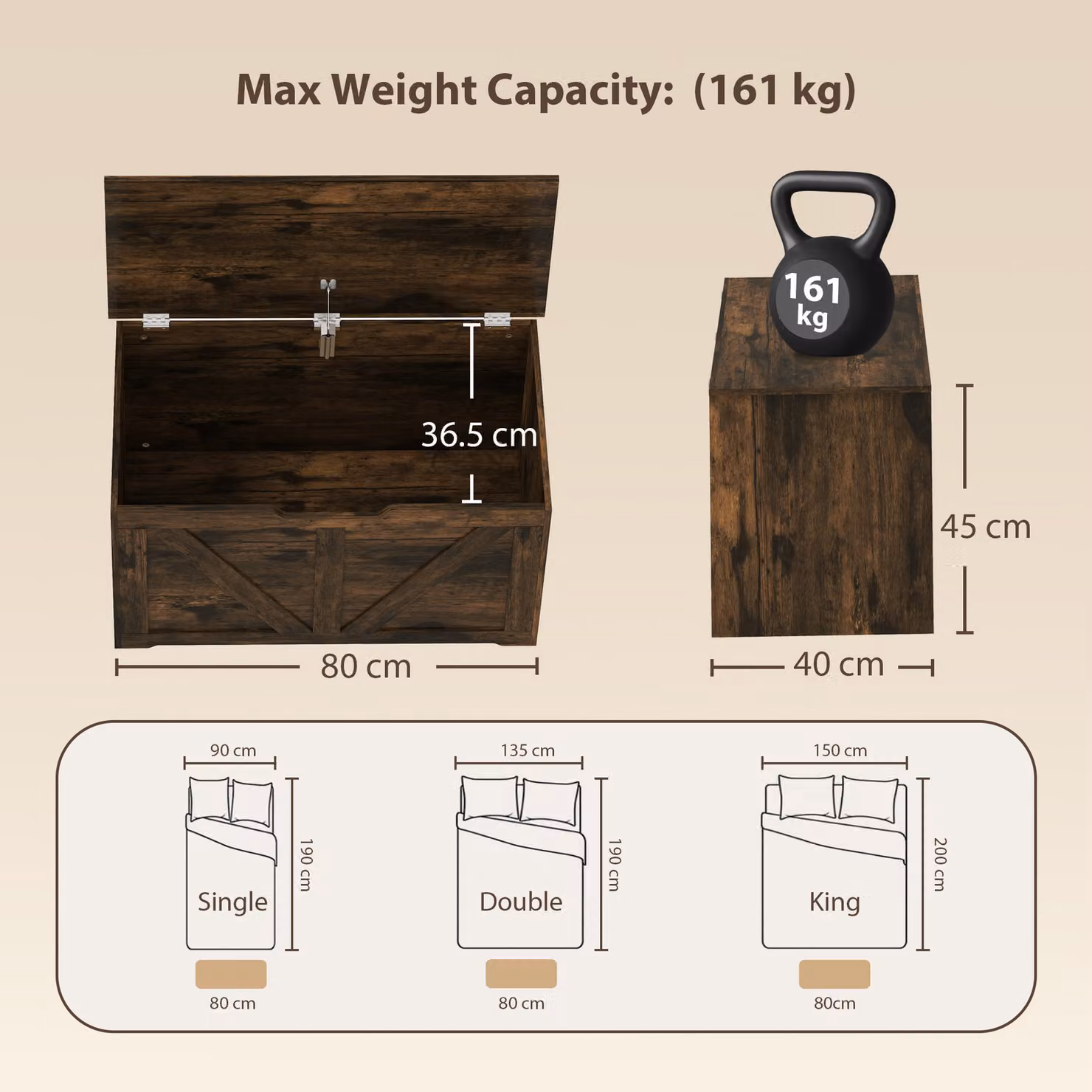 HOMCOM 100L Home Storage Box with Soft Close Lid in Rustic Brown Wood-Effect, W/D/H: 80 x 45 x 36 cm – 3