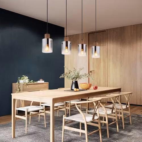 Globo Lighting Underwood Bar Pendant Light with Brown Wood and Smoky Glass, 4x E27, W/D/H: 120 x 40 x 12 cm – 2