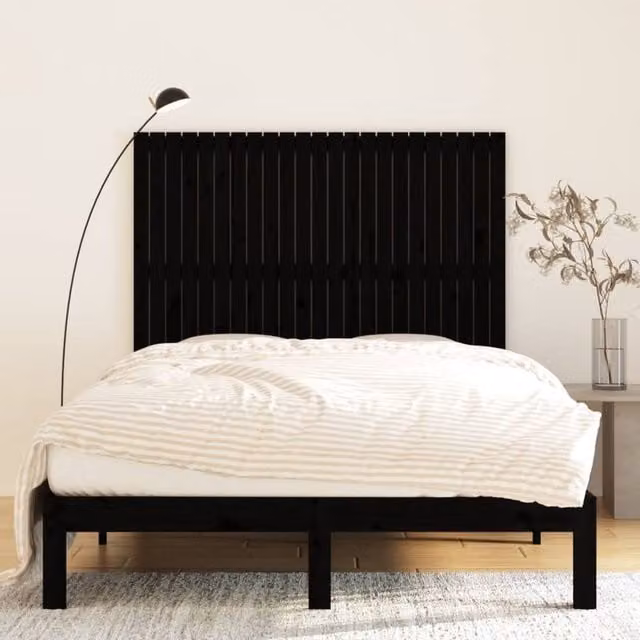 Berkfield Home Black Solid Wood Pine Wall Headboard, W: 146.5 cm, D: 3 cm, H: 110 cm