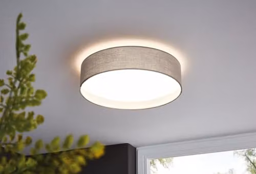 Eglo Pasteri LED Ceiling Light, Modern Square Fabric Lamp in Taupe and White – 2