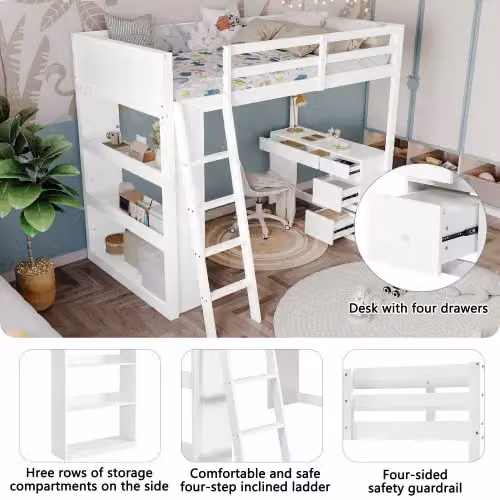 Matteo White Wooden Bunk Bed with 4-Step Ladder, Desk with 4 Drawers and Under-Bed Shelving, Size: 140 x 200 cm – 4