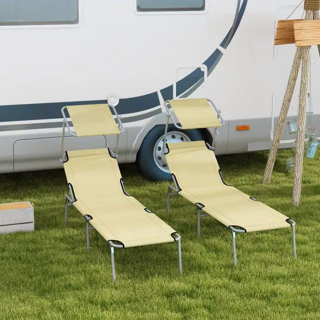 Outsunny Set of 2 Foldable Reclining Sun Loungers with Adjustable Awning in Beige