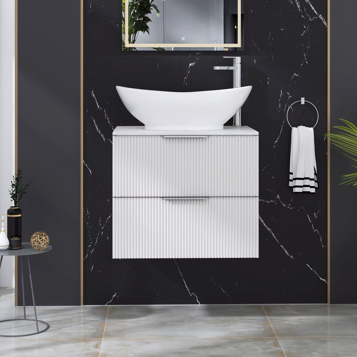 Royal Bathrooms Evora Matt White Fluted Wall Hung Vanity Unit with Amaze Basin and 2 Drawers