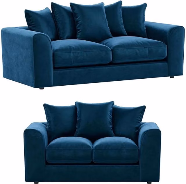 Furnishings For Less UK Brooklyn Blue Plush Velvet Fabric Sofa Set with 3 Seater and 2 Seater Sofas – 1