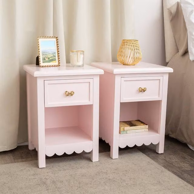 Melody Maison Staunton Pink Range Pair of One Drawer Scalloped Bedside Tables in Baby Pink and Gold
