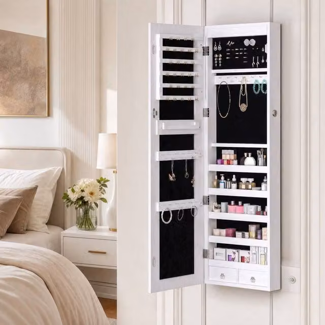 STILVORA White Wall Mounted Jewellery Cabinet with Mirror, LED Lighting and Lock