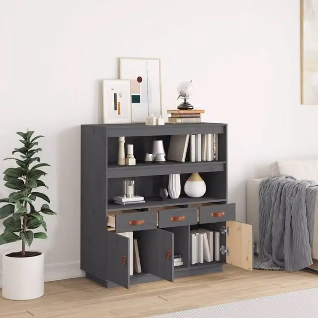 Berkfield Home Grey Solid Wood Pine Highboard W/D/H: 100 x 40 x 108.5 cm