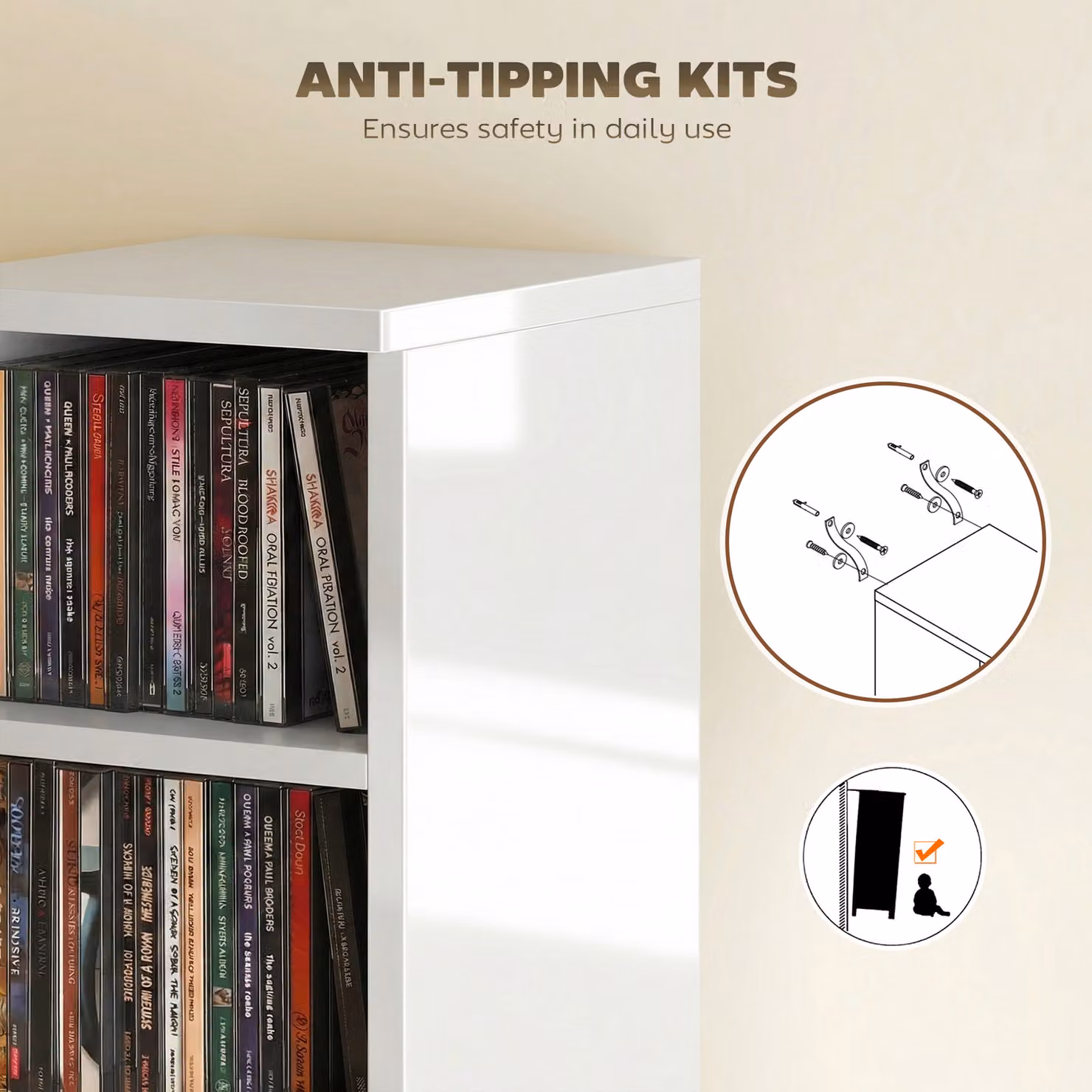 HOMCOM Set of 2 High Gloss White CD Media Display Tower Racks with Adjustable Shelves – 3