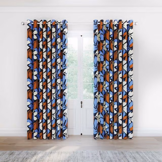 Helena Springfield Simply Scandi Otto Lined Floral Cotton Eyelet Curtains, Multicolour (Blue, Orange) W: 228.6 cm, H: 228.6 cm