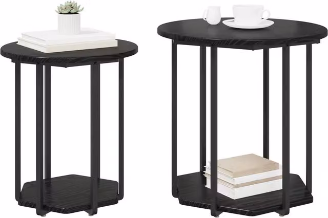 Berkfield Home Set of 2 Modern Round Side Tables in Black Oak and Metal