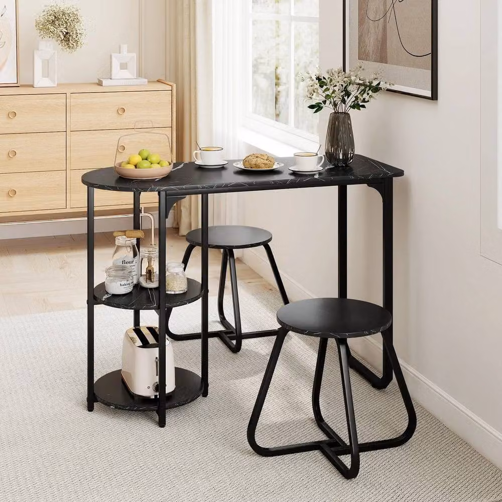 VOGREX Bar Table Set with 2 Stools and 2 Storage Shelves in Black – 4