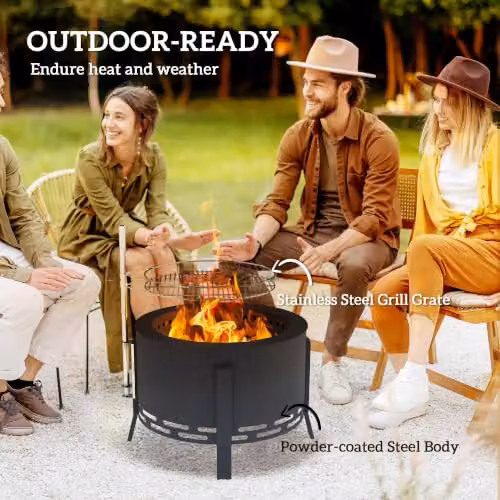 Outsunny Portable Black Steel Fire Pit BBQ and Fire Bowl with Stainless Steel Grill Grate, Diameter: 58 cm – 4