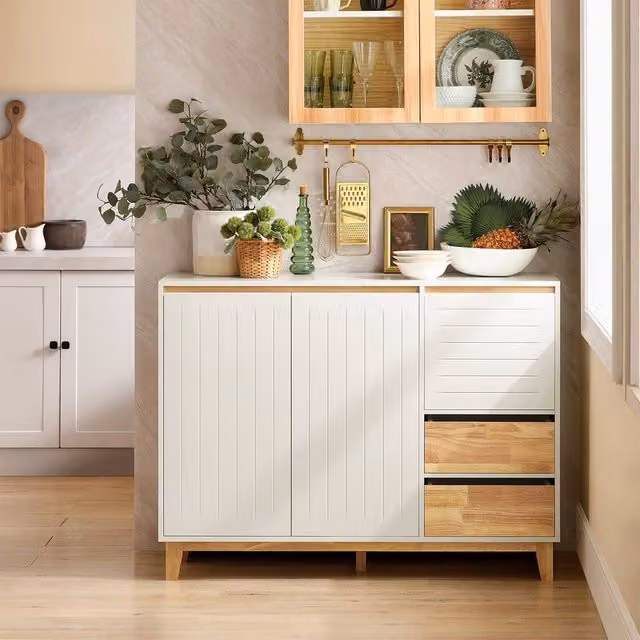 SoBuy Scandinavian Style Credenza Cabinet in White and Natural Wood – 1