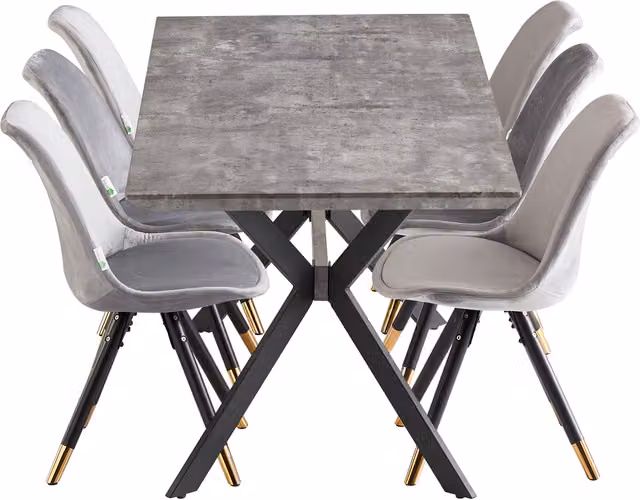 Life Interiors Sofia Blaze LUX Extendable Dining Set with 6 Grey Velvet Chairs and Gold Metal Accents
