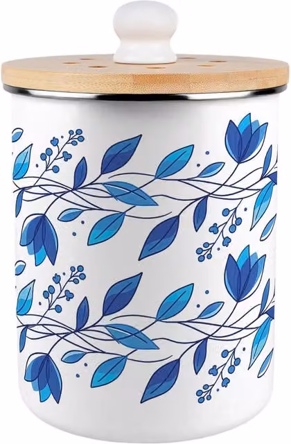 Purely Home Blue Petals Food Waste Caddy, 2L Metal and Enamel Compost Bin with Bamboo Flip Lid in Blue and White