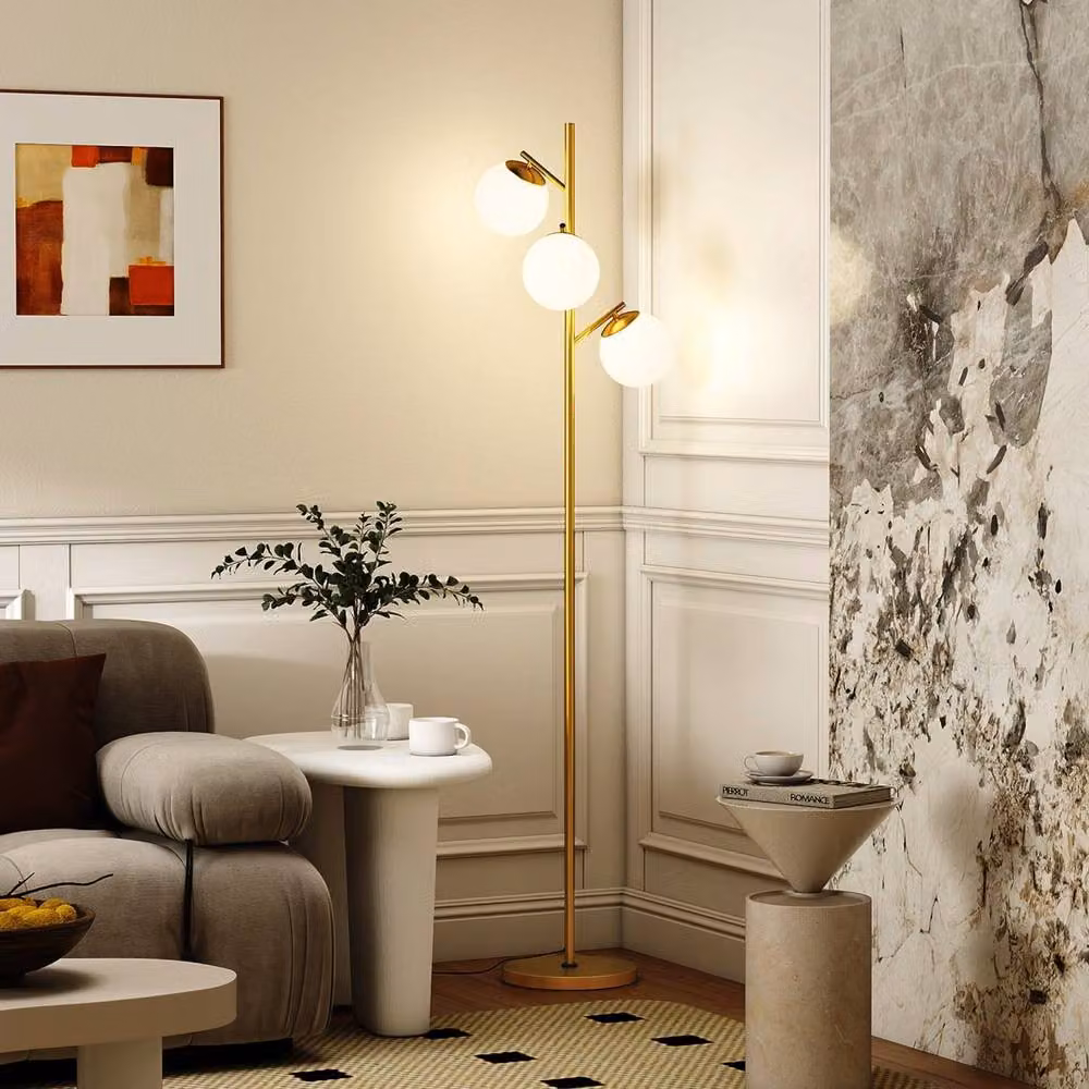Wyld Haus Lidi 3 Light Tree Floor Lamp in Gold and White with Glass Sphere Shades – 3