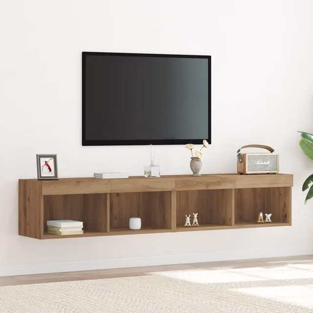 Berkfield Home Set of 2 Artisan Oak TV Wall Cabinets with Integrated LED Lights in Brown, W/D/H: 80 x 30 x 30 cm – 1
