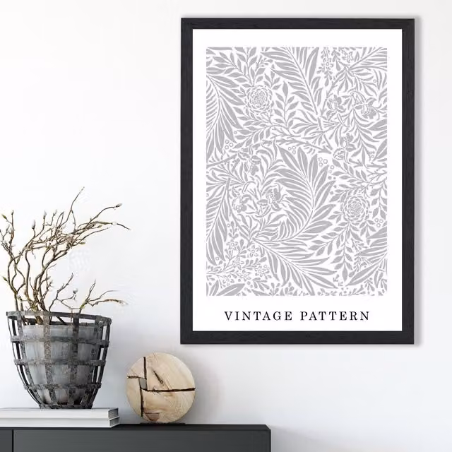 ARTZE Vintage William Morris Larkspur Floral Art Print in Grey and White with Black Frame – 1