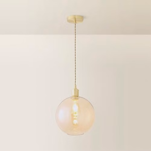 ValueLights Bellamy Amber Glass Globe Single Ceiling Pendant Light in Gold/Brass