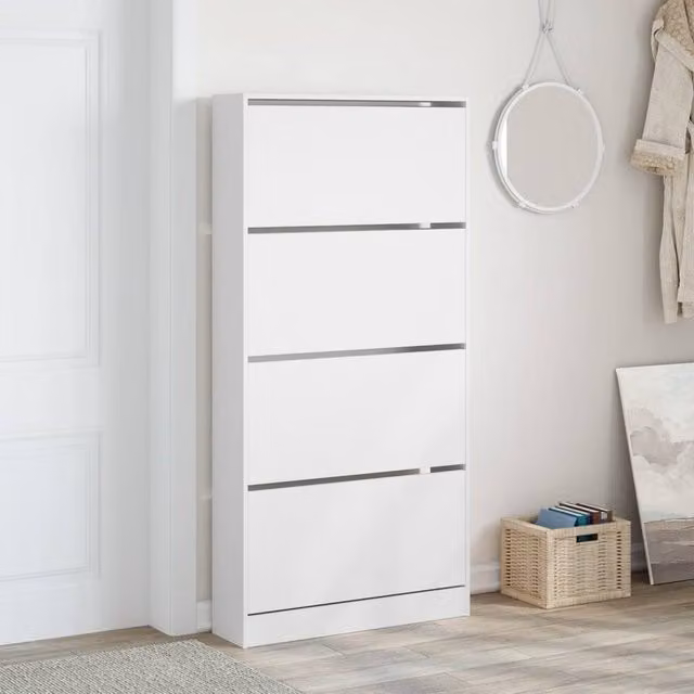 Berkfield Home Modern White Shoe Cabinet with 4 Tilting Compartments W/D/H: 80 x 21 x 163.5 cm