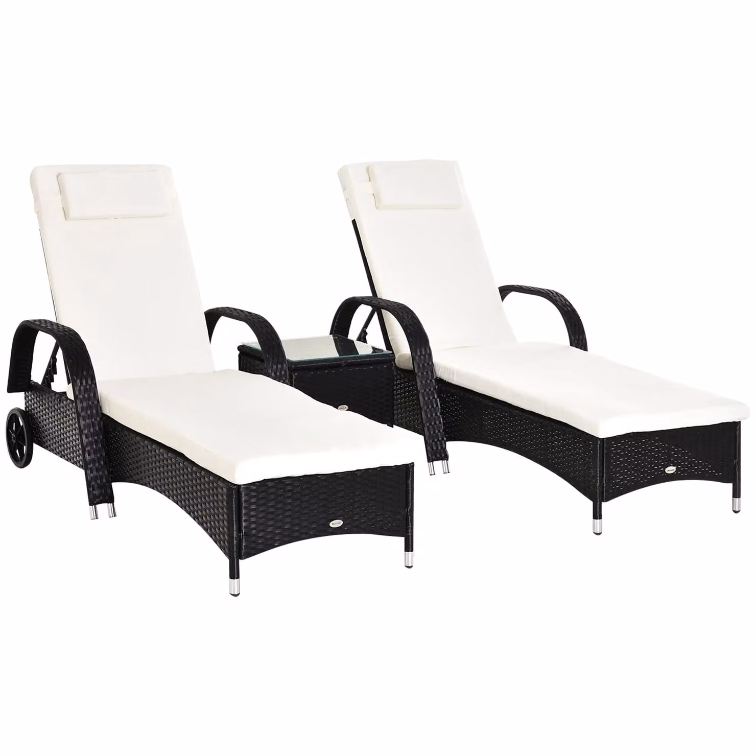 Outsunny 3 Piece Black Polyrattan Sun Lounger Set with Weatherproof Cushions and Side Table – 3