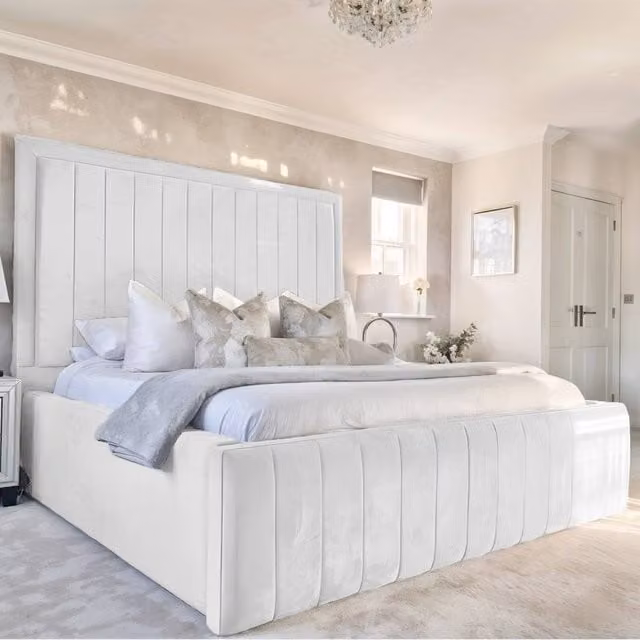 UK Bed Furniture Geneva Upholstered Velvet Bed Frame in White, W/D/H: 120 x 200 cm