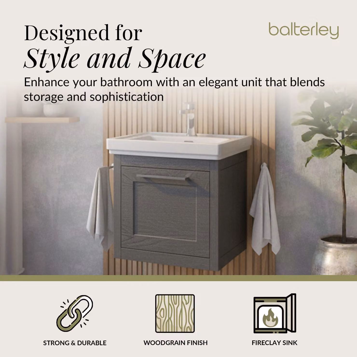 Balterley Wall Hung 1 Drawer Vanity Unit and 1TH Fireclay Basin, Dark Grey, Width: 50 cm – 2