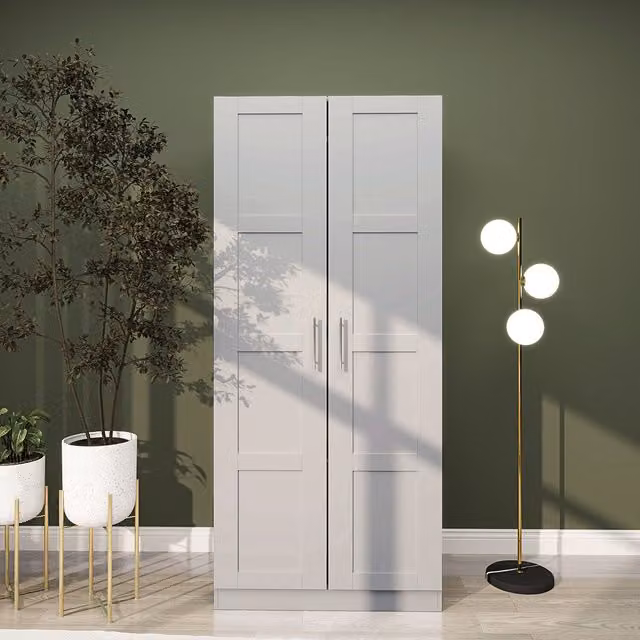 HOMCOM Modern Double Wardrobe in Grey with Soft-Close Hinged Doors, Internal Shelves and Hanging Rail