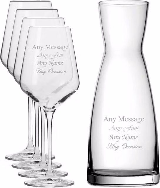 Uniqueful Personalised Set of 4 Infinity Lead-Free Crystal Wine Glasses and Contemporary Carafe in Transparent Clear