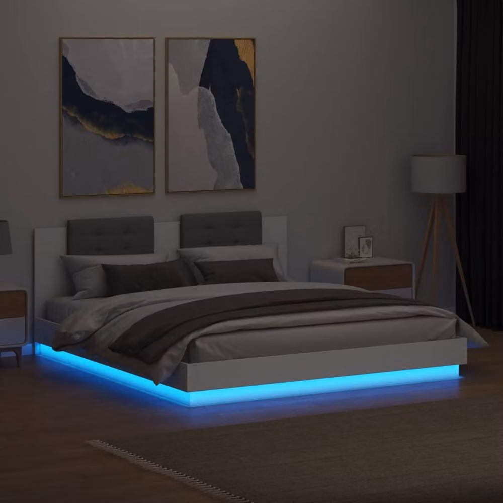 Berkfield Home Upholstered Bed Frame with LED Under-Bed Lighting in White, W/D/H: 160 x 200 x 84 cm – 2