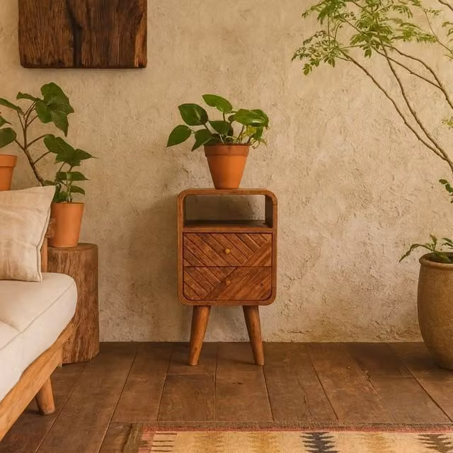 Wyld Haus Alberobello Small Curved Mango Wood Bedside Table in Brown