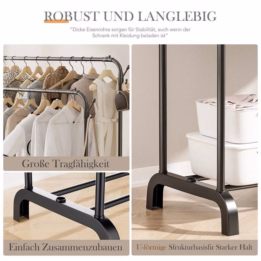 NESTLUNE Durable Metal Clothes Rail and Garment Storage Shelf in Black, W: 120 cm, H: 145 cm – 3