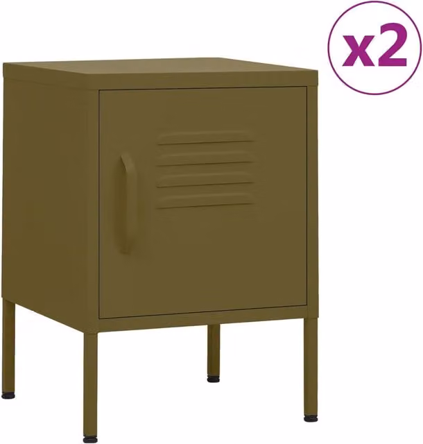 Berkfield Home Set of 2 Modern Metal Nightstands in Matt Olive Green, W/D/H: 35 x 35 x 51 cm