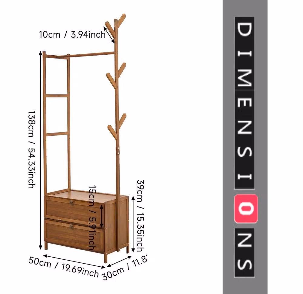 Modcraft Heavy Duty Mid Century Brown Wood Clothes Rail with Drawers and Hooks, H: 138.0 cm x W: 50.0 cm – 2