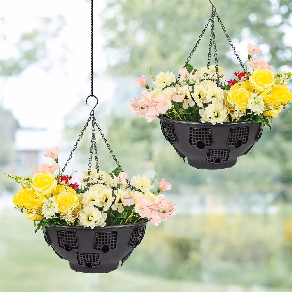 SPETLEK 2 Pack Black Plastic Easy Fill 12 Hole Hanging Garden Planter Baskets, 38 cm Diameter – 2