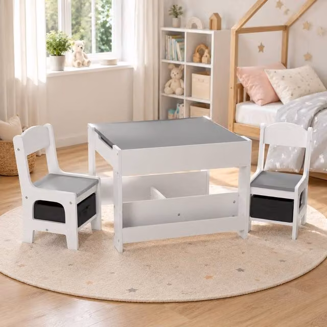STILVORA Children's Table and Chair Set with Blackboard and Storage in Grey and White