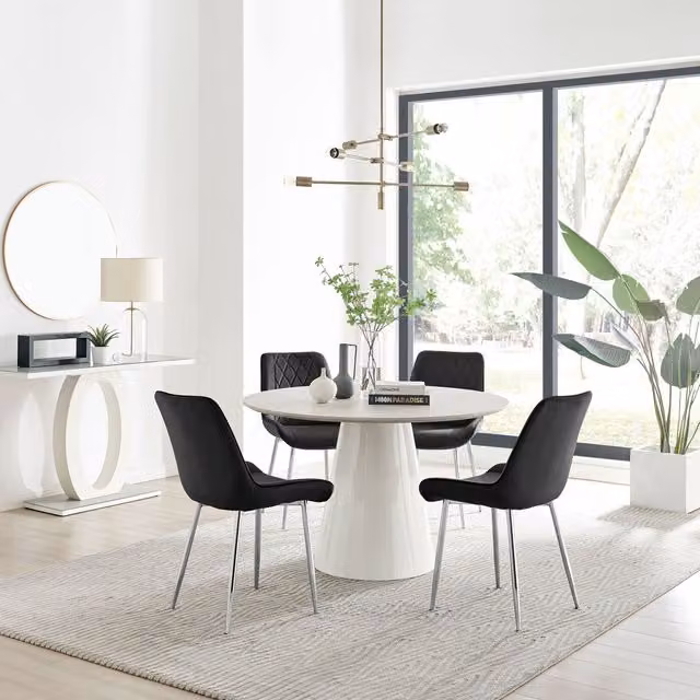 Furniturebox Palma Beige Stone Effect Round Dining Table and 4 Pesaro Silver Chairs in Black